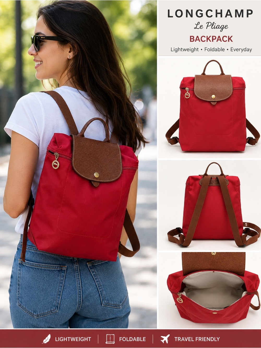 Longchamp Le Pliage Red Backpack with Brown Trim